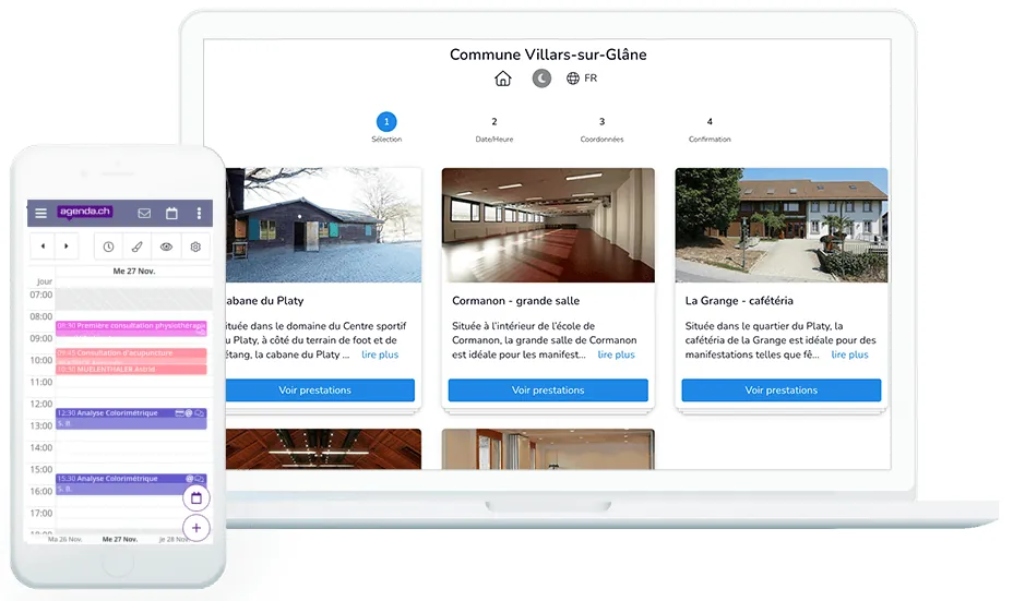 Interface du logiciel commune.ch montrant l'agenda de réservation en ligne pour communes suisses